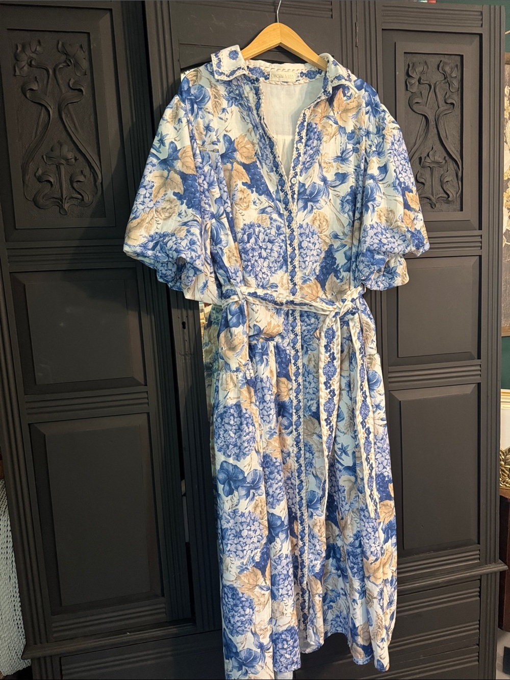 Curvy Gingham + Heels Blue Floral Button-Front Midi Dress with Tie Waist
